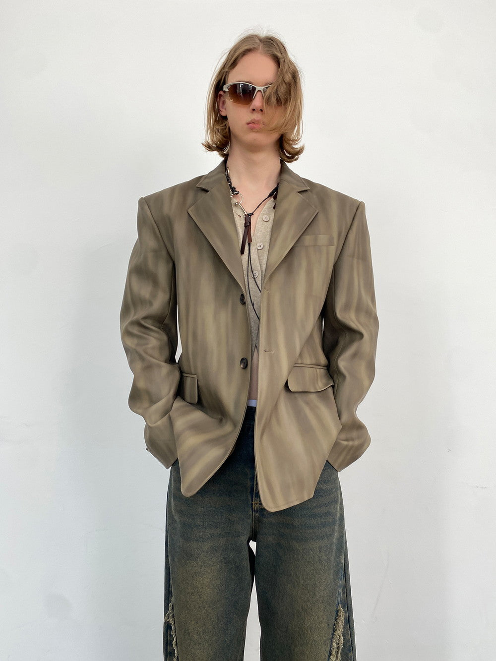 Unisex Letaher Nichi Set-Up Stripe Wave Jacket&Skirt