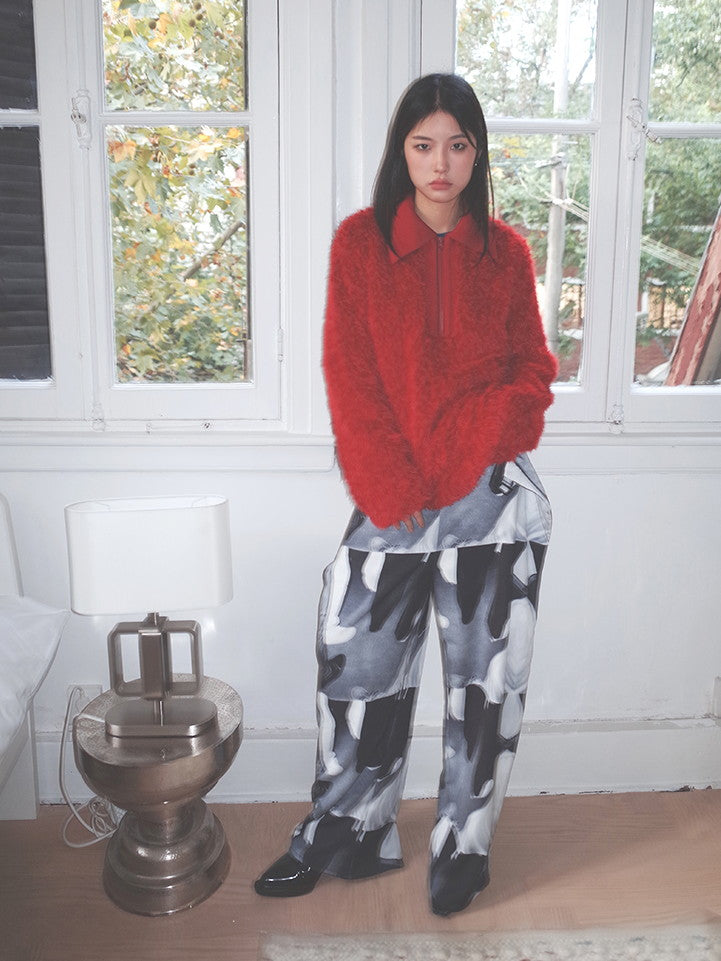 Polo-Neck Fluffily Half-Zip Vivid Loose Mohair-Knit