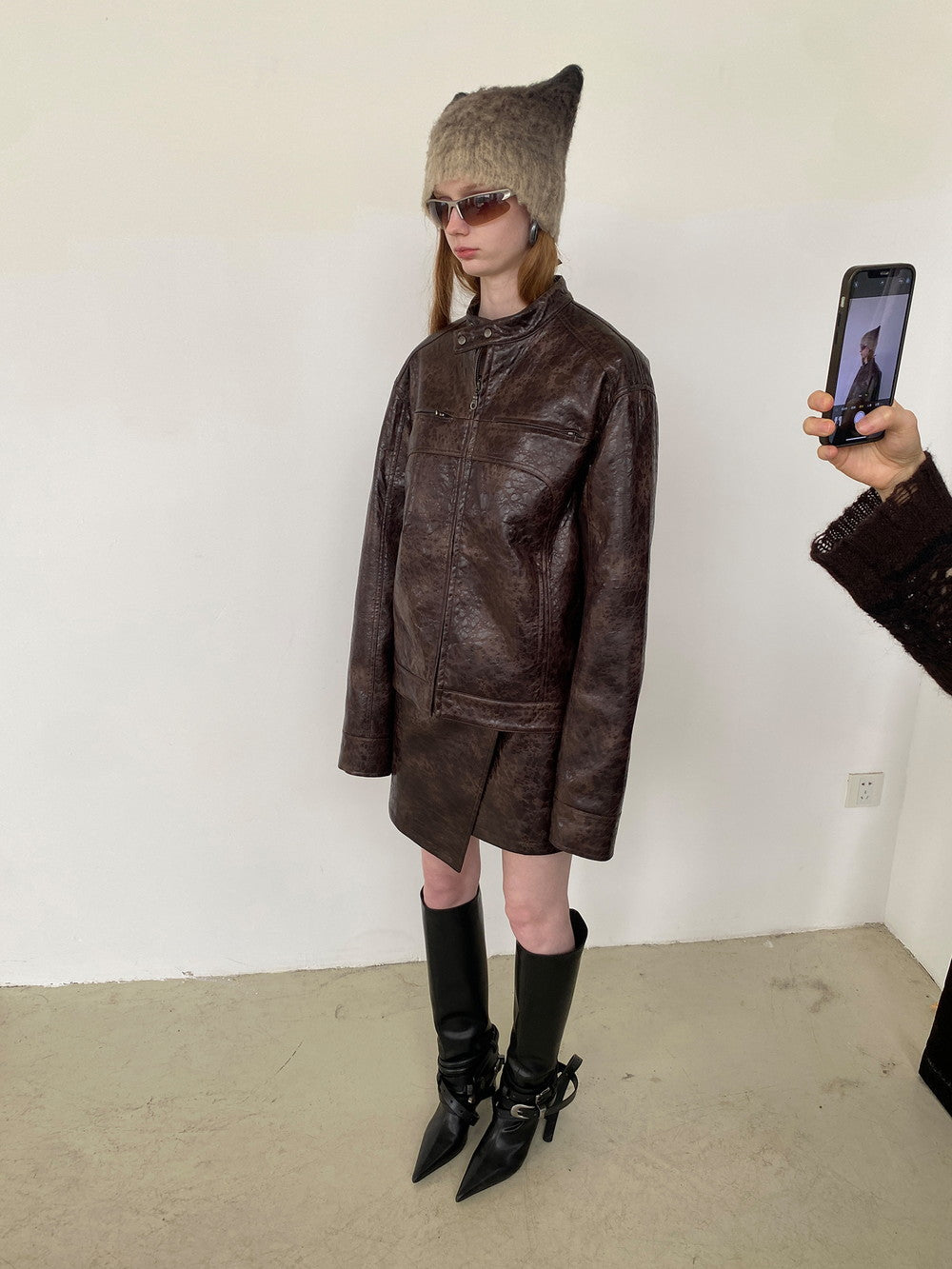 Unisex Leather Vintage Set-Up Wrap Jacket&Skirt
