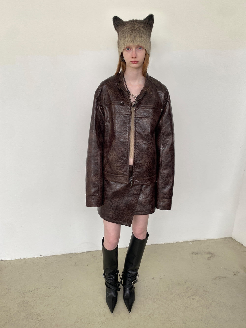 Unisex Leather Vintage Set-Up Wrap Jacket&Skirt