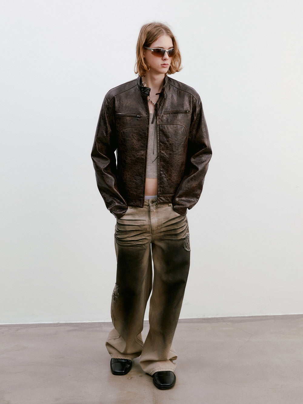 Unisex Leather Vintage Set-Up Wrap Jacket&Skirt