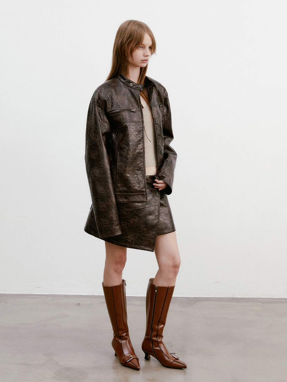 Unisex Leather Vintage Set-Up Wrap Jacket&Skirt