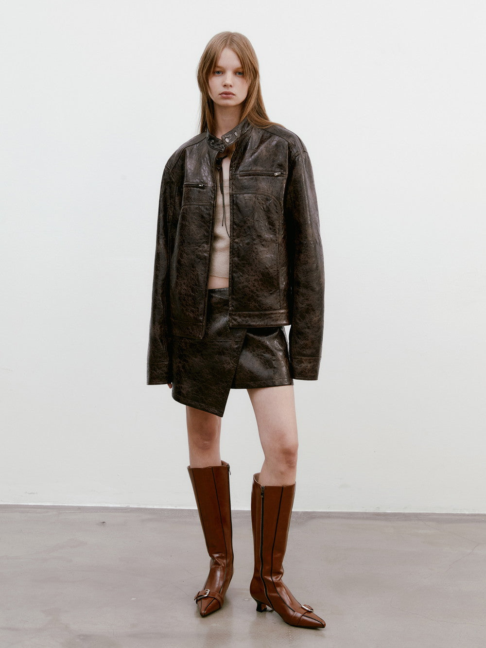 Unisex Leather Vintage Set-Up Wrap Jacket&Skirt