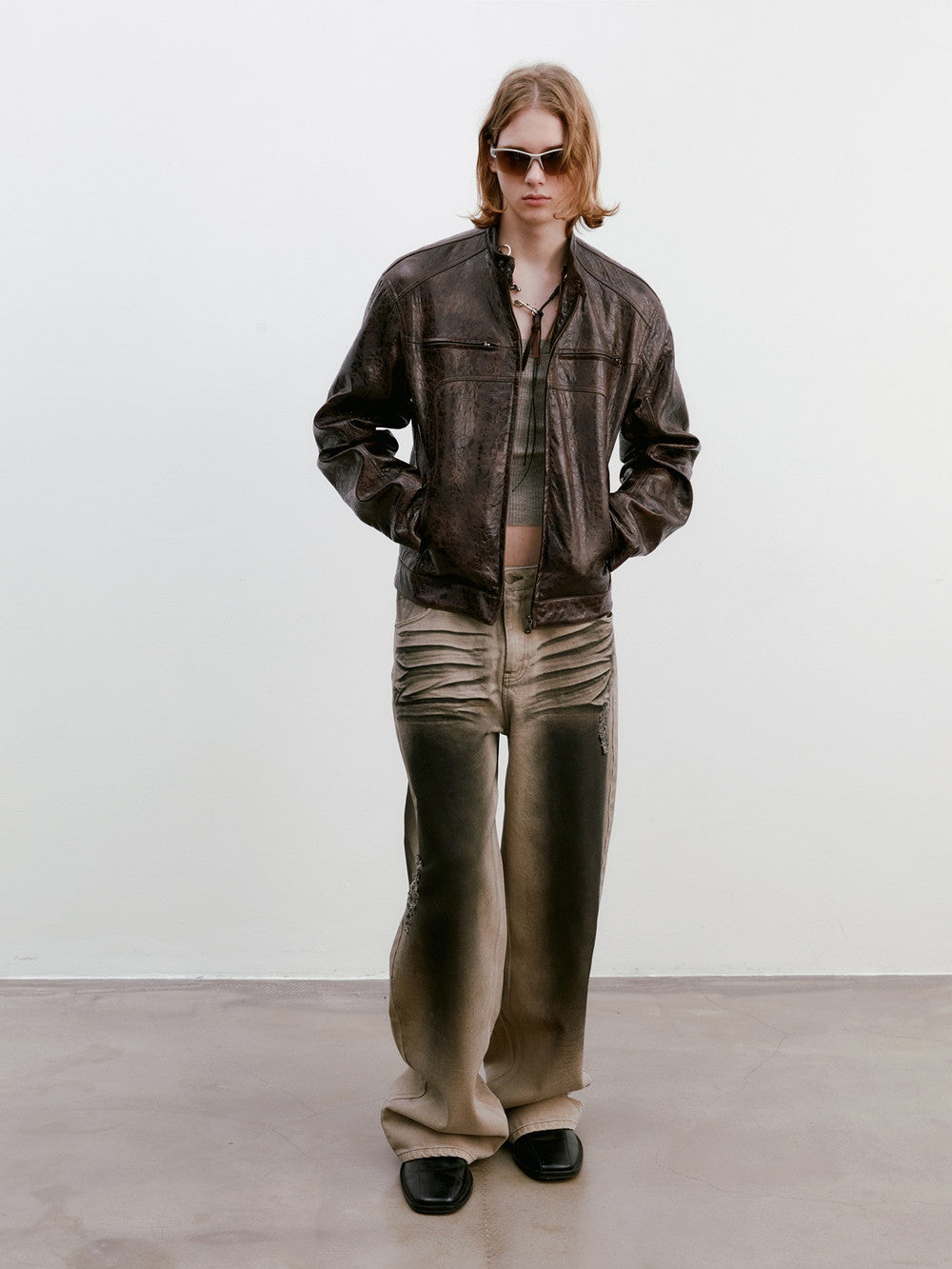 Unisex Leather Vintage Set-Up Wrap Jacket&Skirt