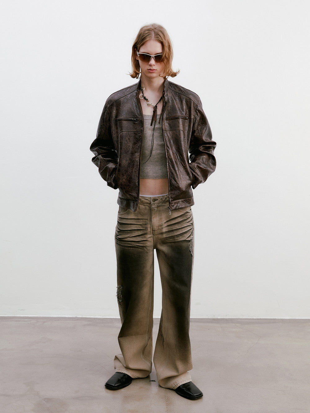 Unisex Leather Vintage Set-Up Wrap Jacket&Skirt