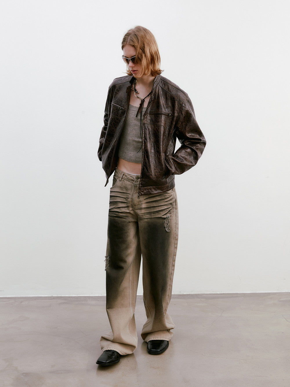 Unisex Leather Vintage Set-Up Wrap Jacket&Skirt