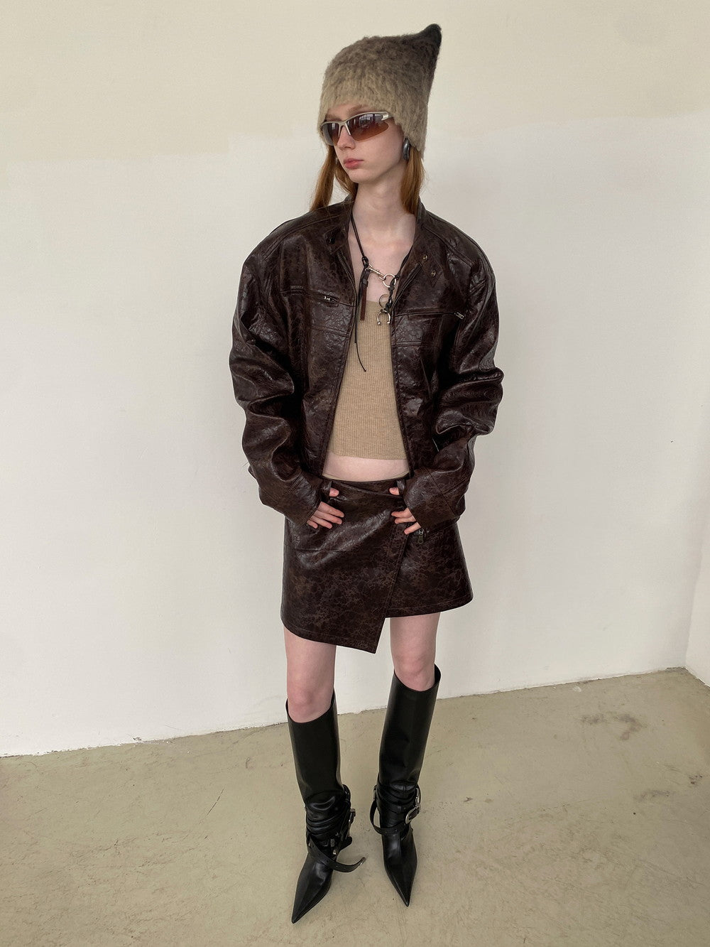Unisex Leather Vintage Set-Up Wrap Jacket&Skirt