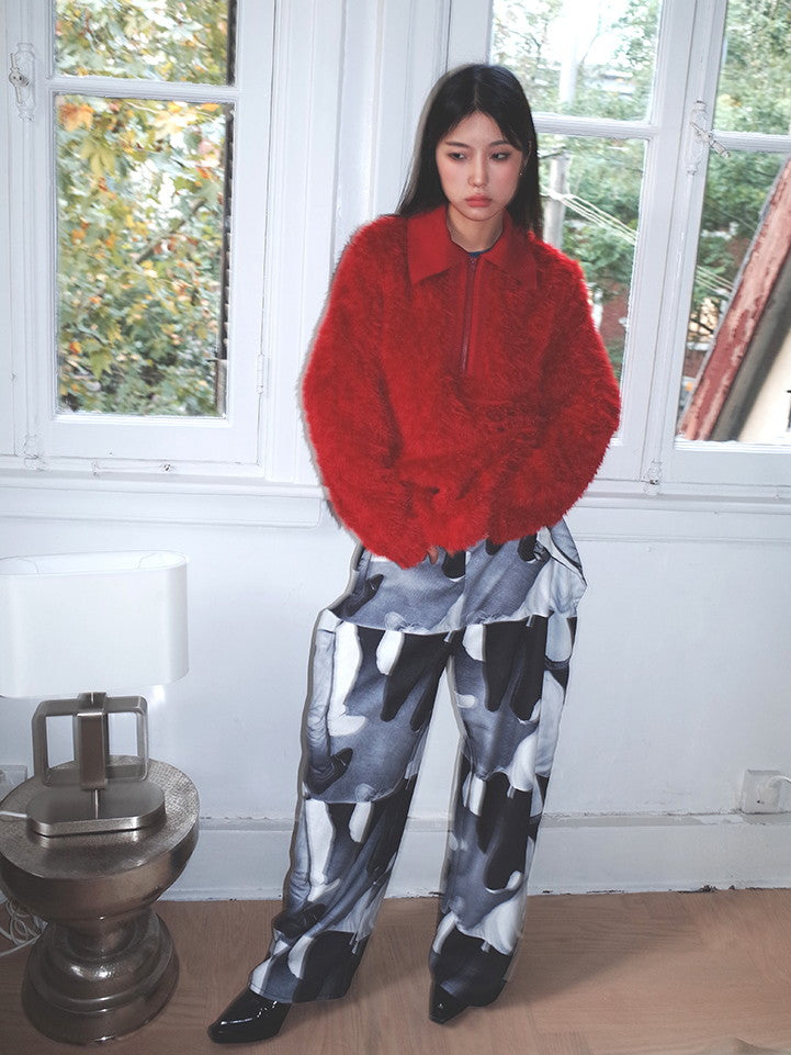 Polo-Neck Fluffily Half-Zip Vivid Loose Mohair-Knit