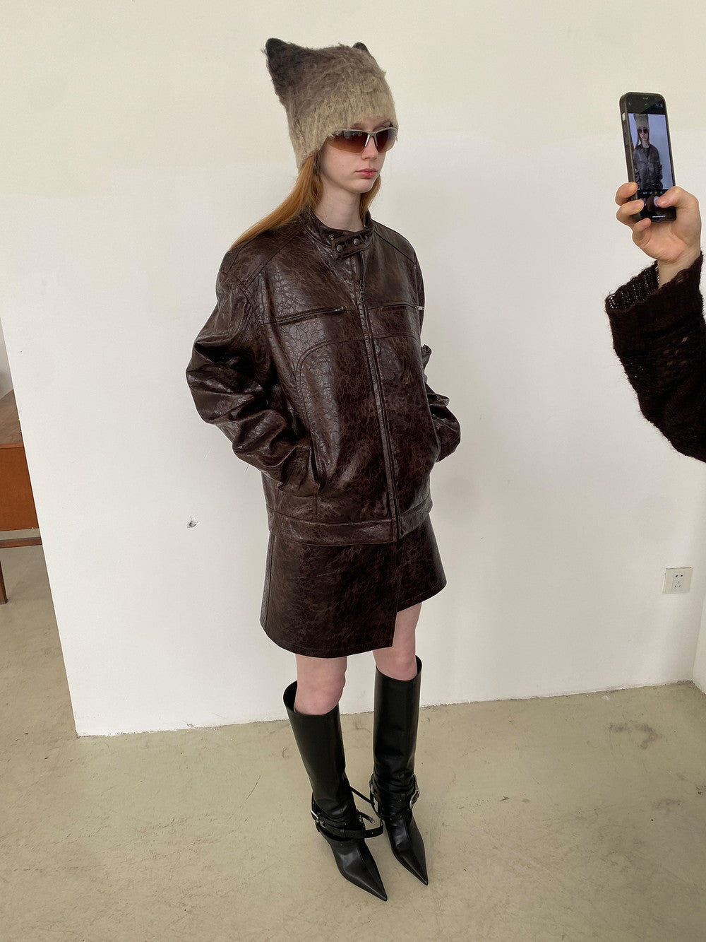 Unisex Leather Vintage Set-Up Wrap Jacket&Skirt