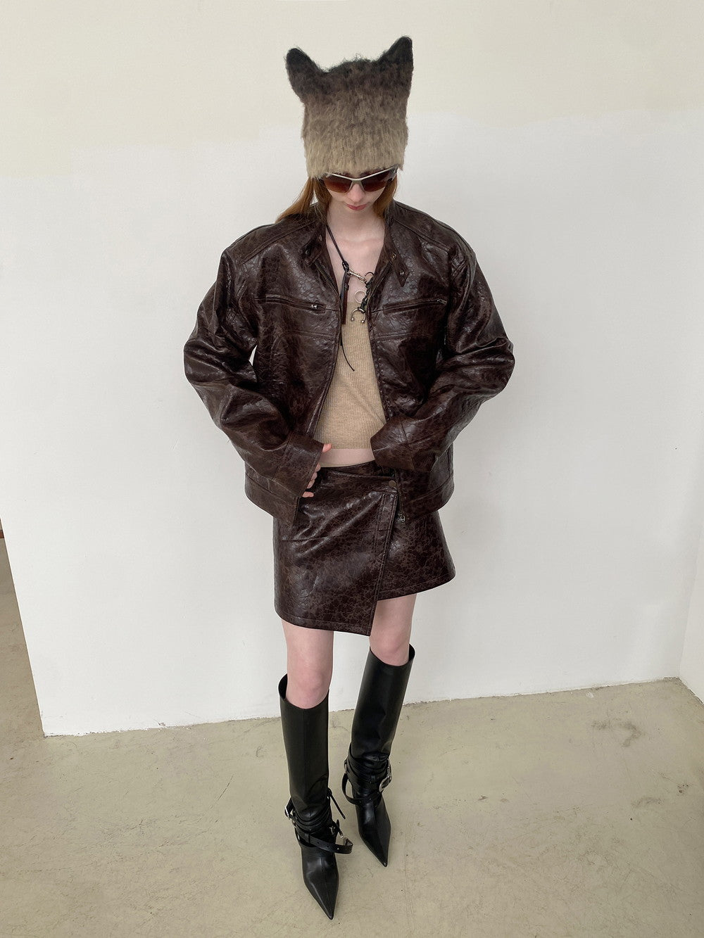 Unisex Leather Vintage Set-Up Wrap Jacket&Skirt