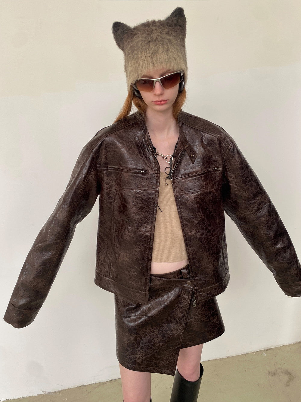 Unisex Leather Vintage Set-Up Wrap Jacket&Skirt