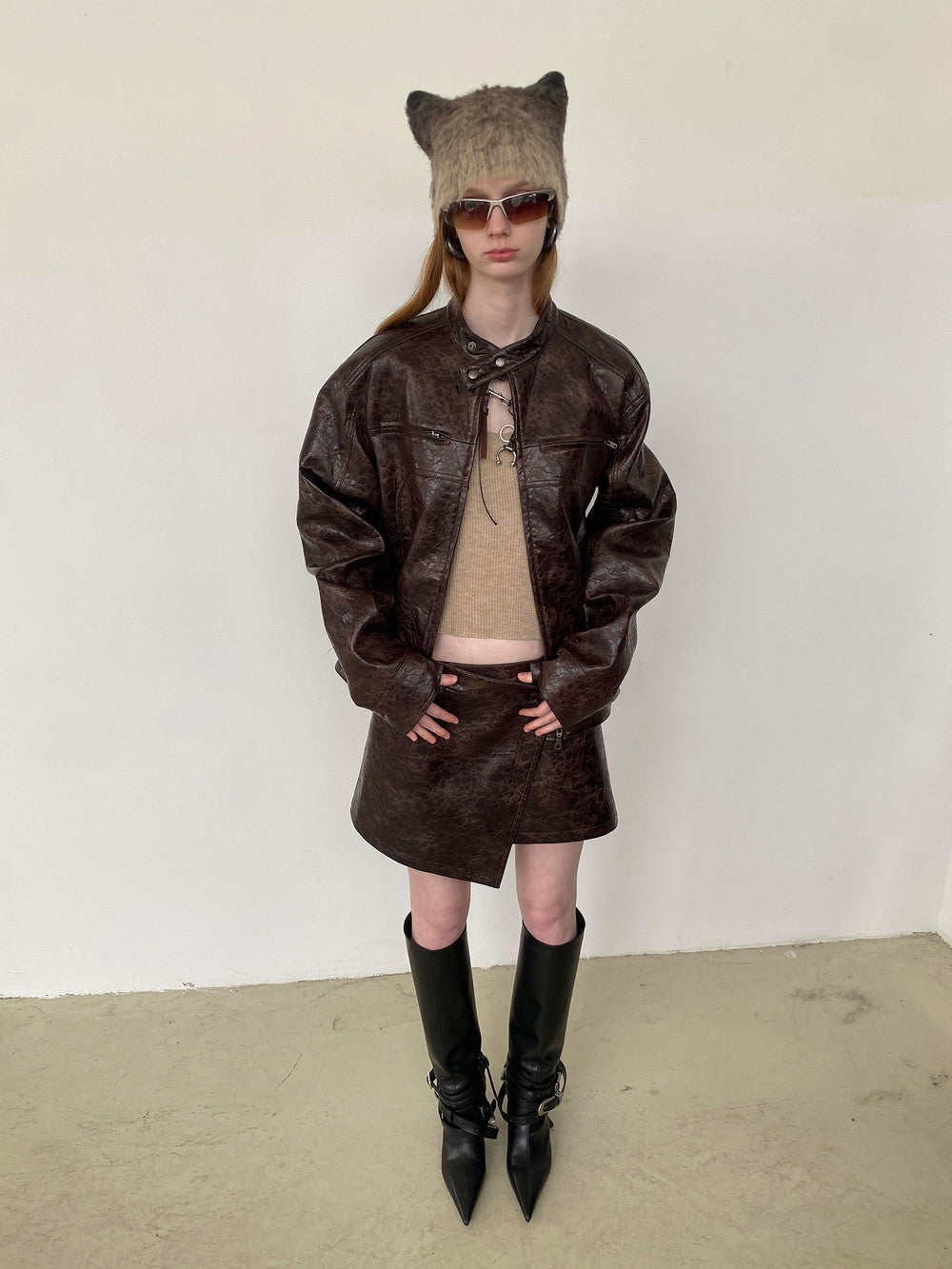Unisex Leather Vintage Set-Up Wrap Jacket&Skirt