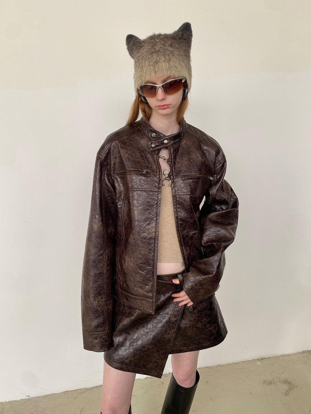 Unisex Leather Vintage Set-Up Wrap Jacket&Skirt