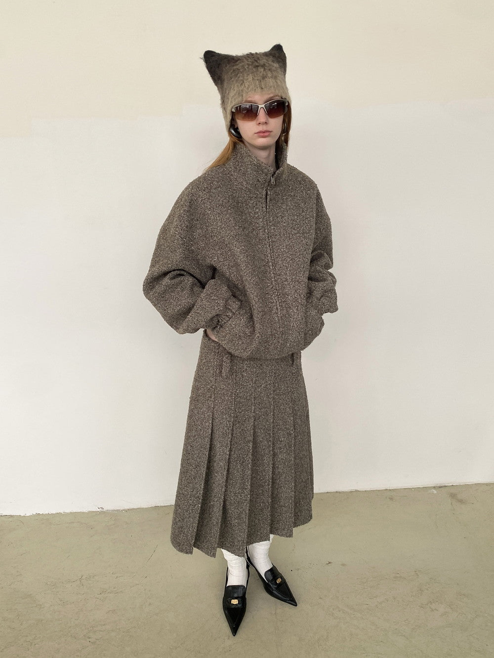 Unisex Wool Knit Plain Simple Retro Jacket&Long-Skirt