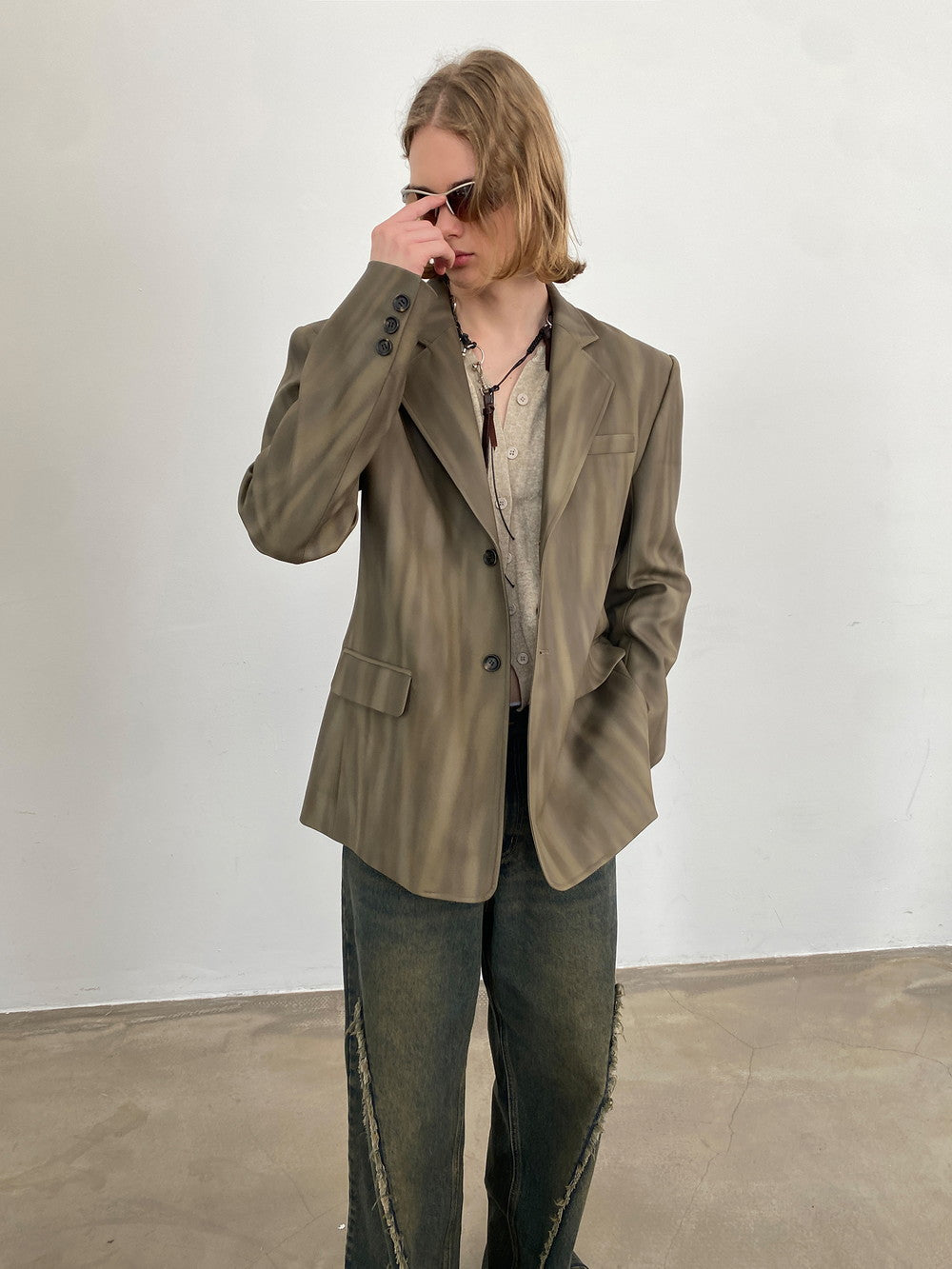 Unisex Letaher Nichi Set-Up Stripe Wave Jacket&Skirt