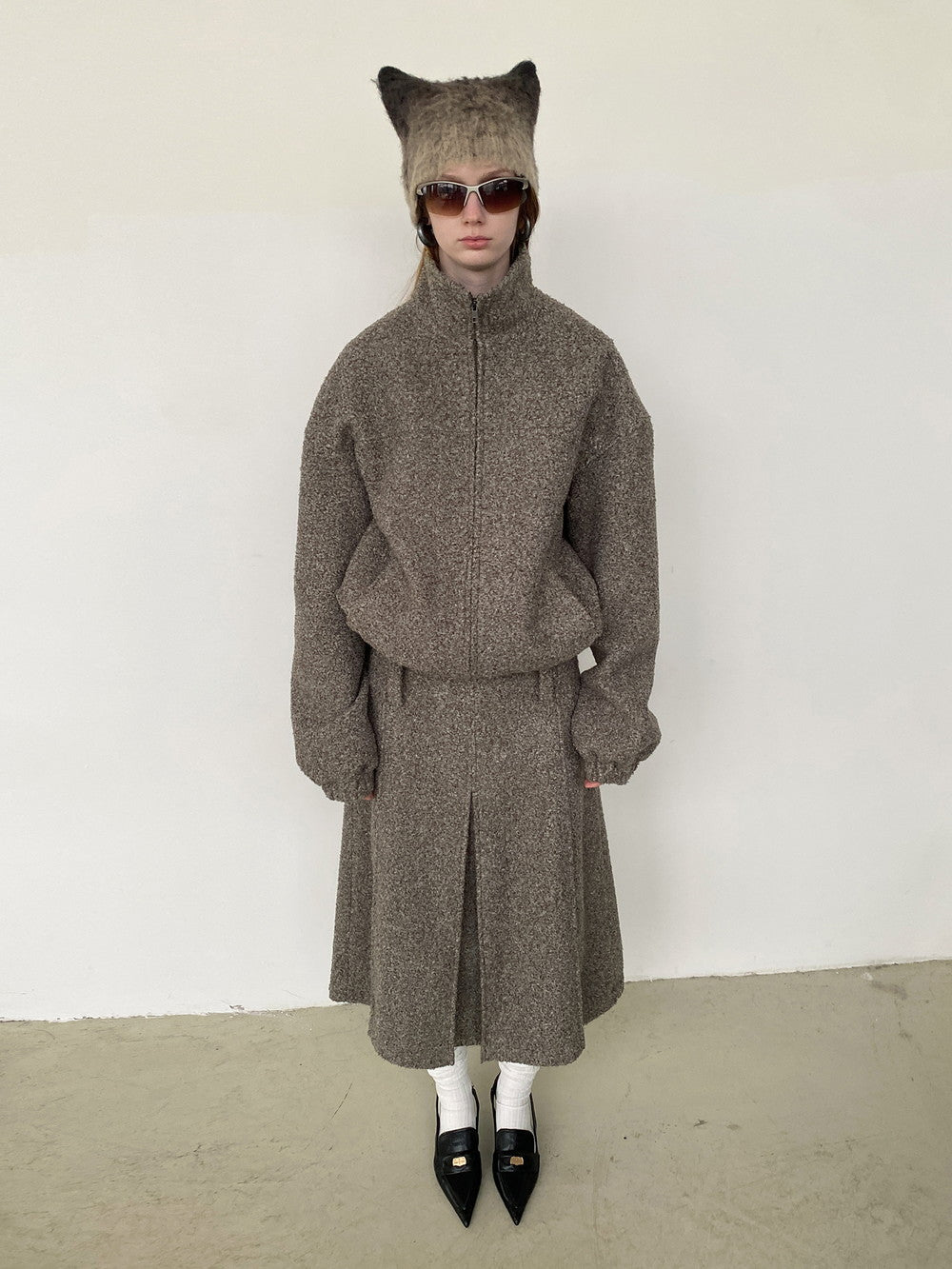 Unisex Wool Knit Plain Simple Retro Jacket&Long-Skirt