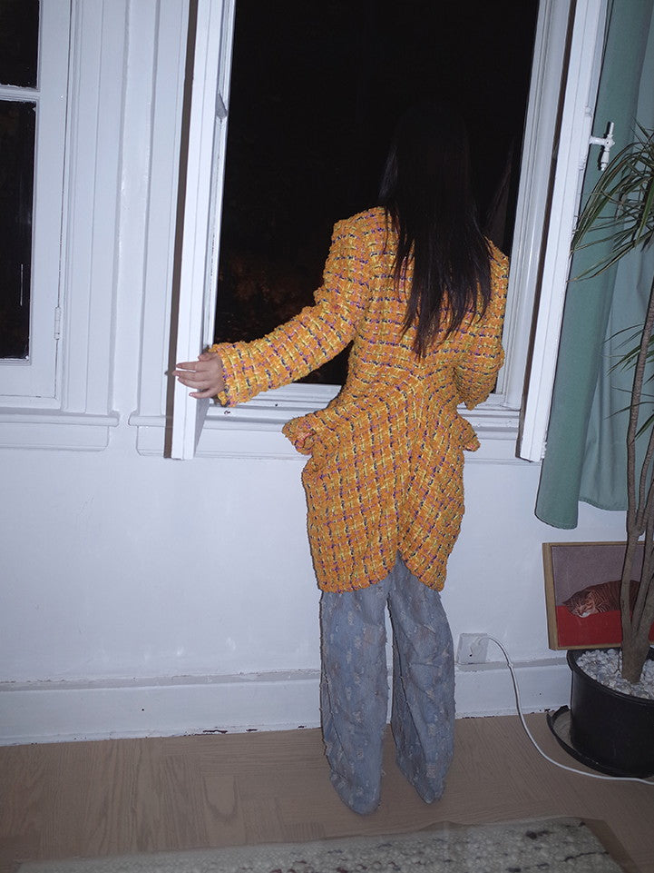 양모 검사 니치 디자인 캐주얼 고유 드레이프 코트