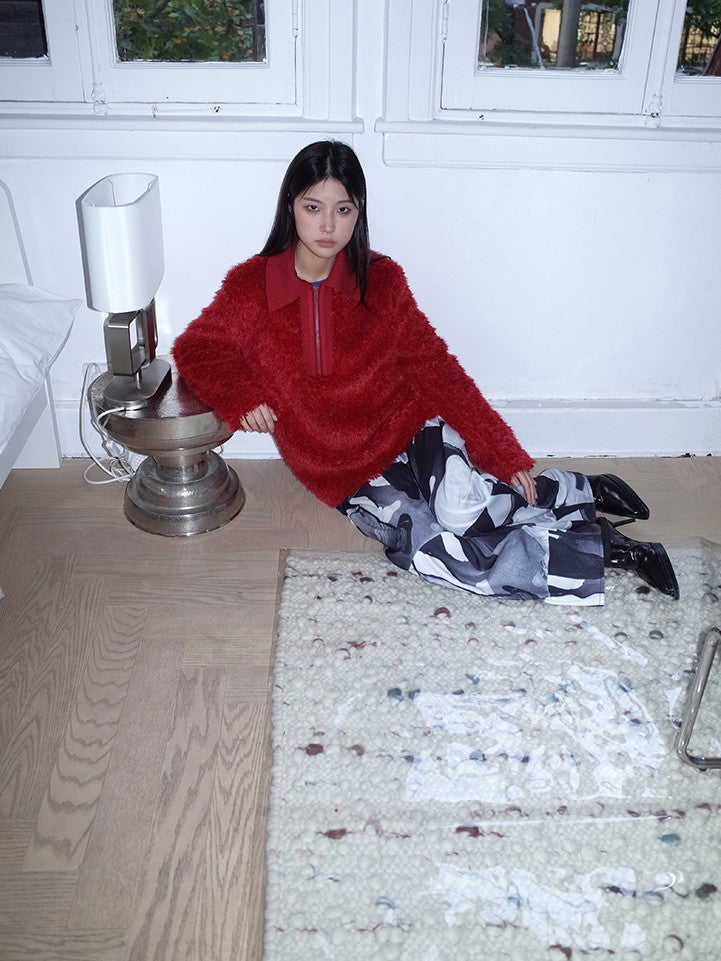 Polo-Neck Fluffily Half-Zip Vivid Loose Mohair-Knit