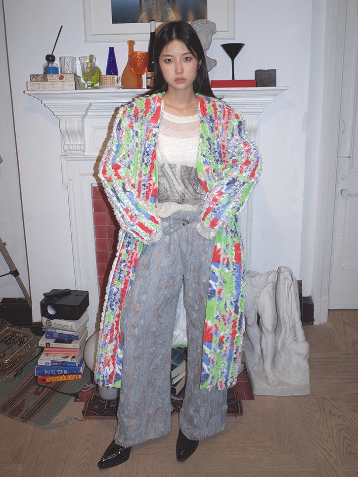 Épais coloré de bande en V Long-Cardigan