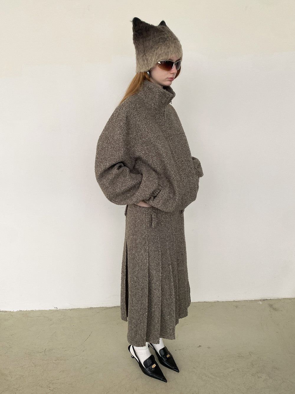 Unisex Wool Knit Plain Simple Retro Jacket&Long-Skirt