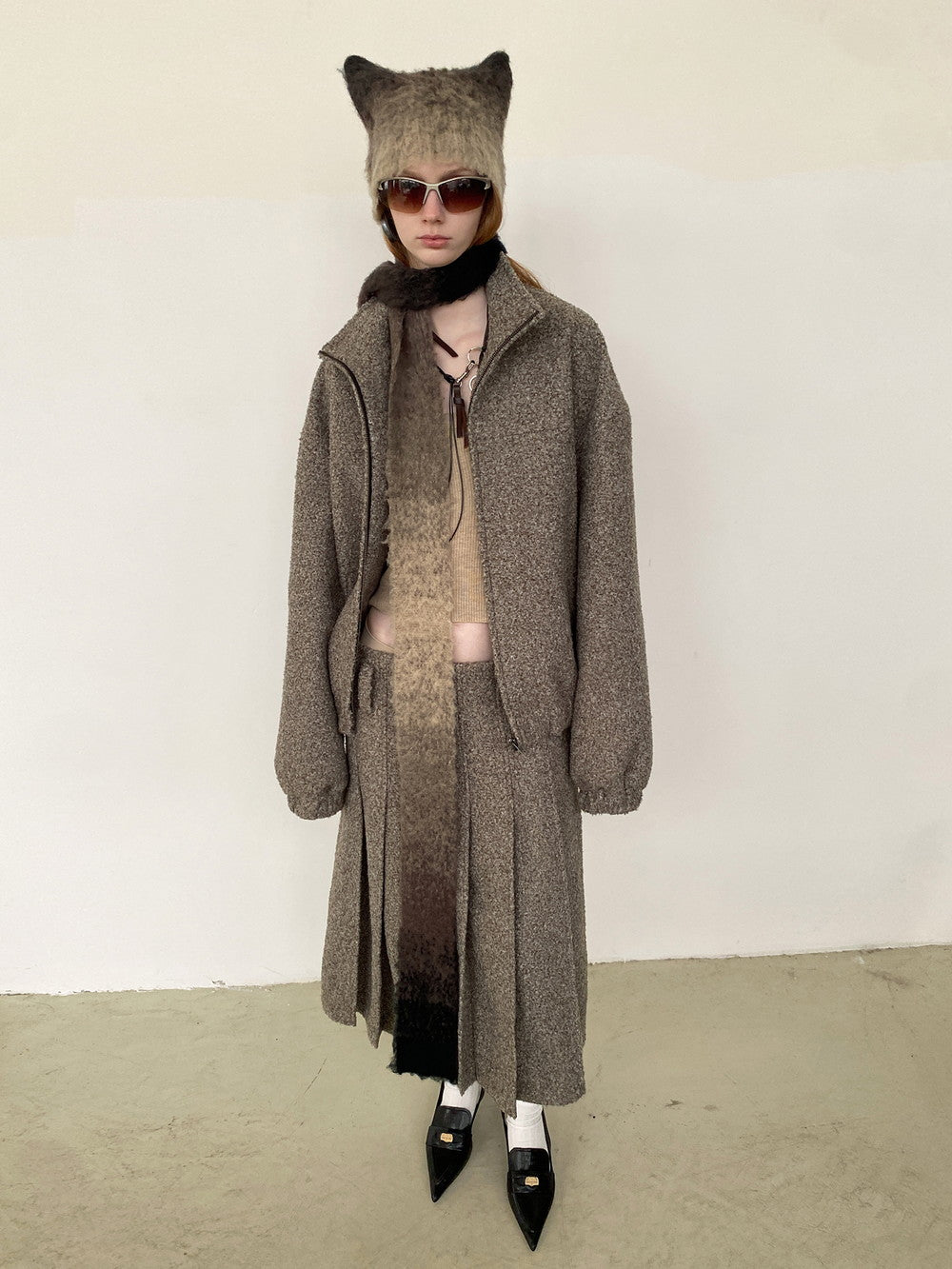 Unisex Wool Knit Plain Simple Retro Jacket&Long-Skirt