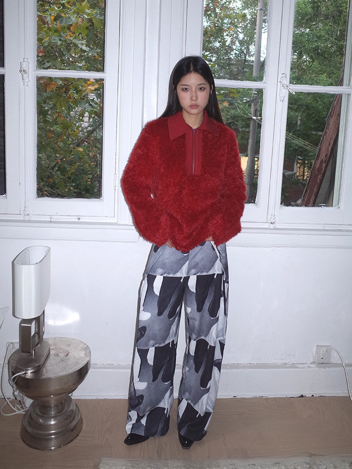 Polo-Neck Fluffily Half-Zip Vivid Loose Mohair-Knit