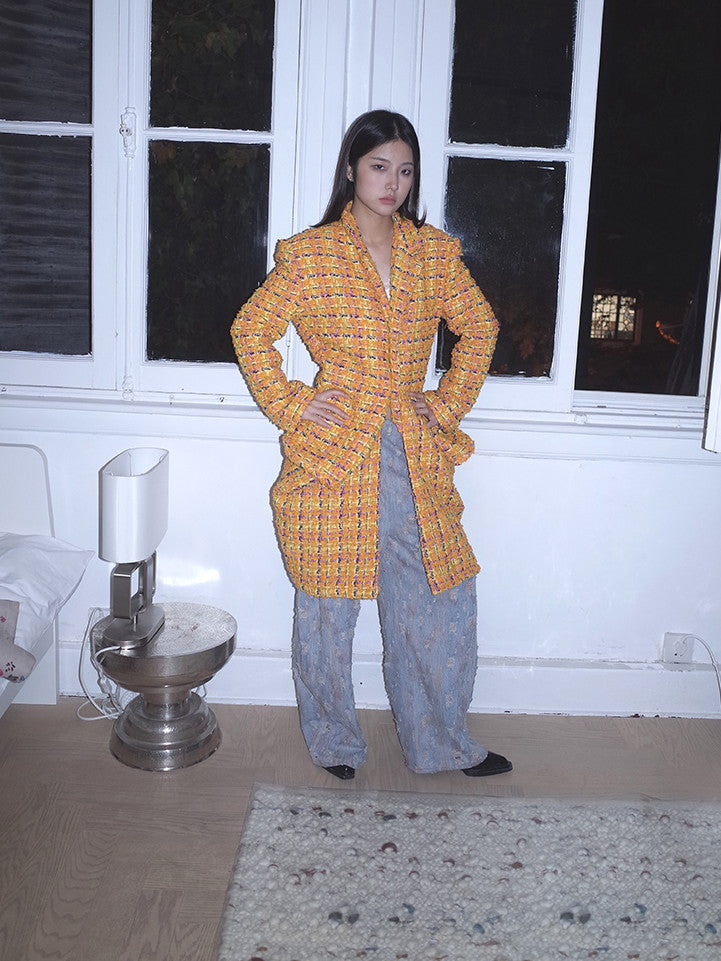 양모 검사 니치 디자인 캐주얼 고유 드레이프 코트