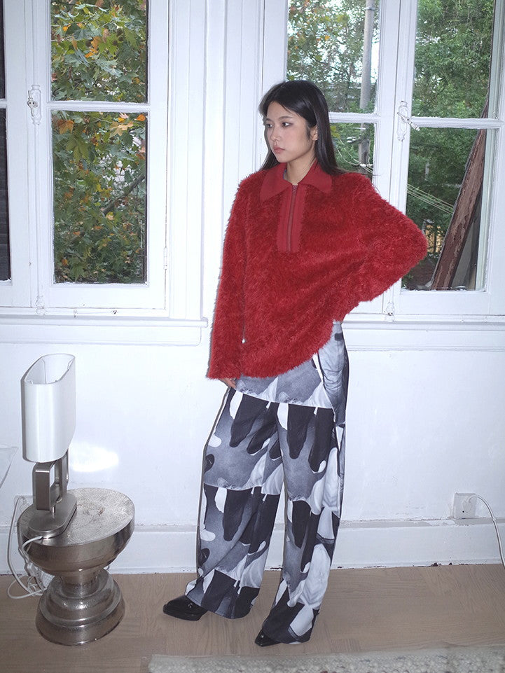 Polo-Neck Fluffily Half-Zip Vivid Loose Mohair-Knit