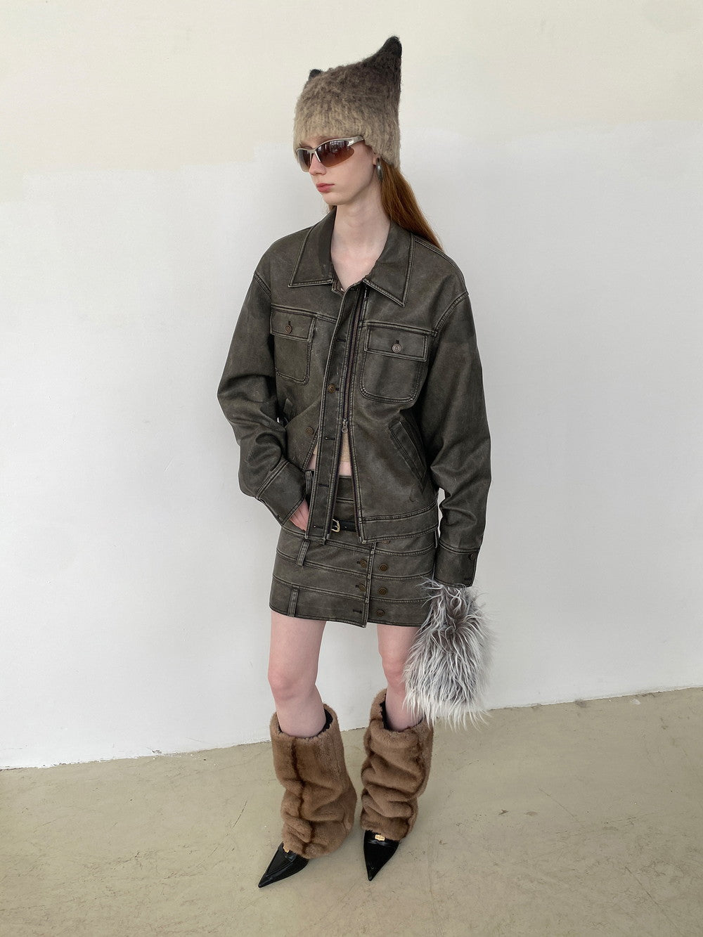 Unisex Vintage Casual Leather Faded Modest Jacket&Skirt