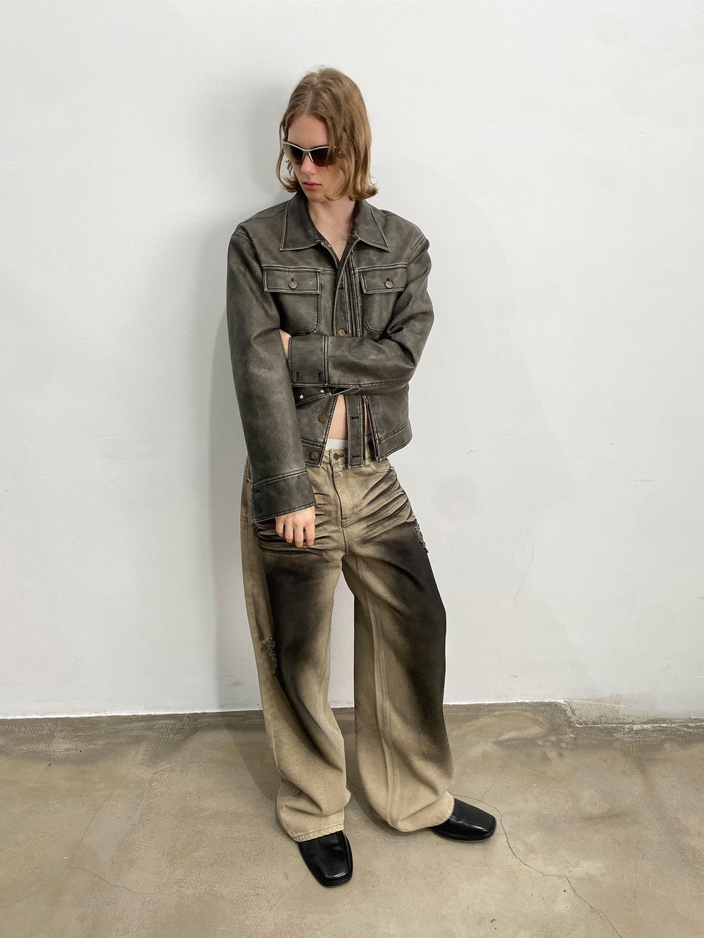 Unisex Vintage Casual Leather Faded Modest Jacket&Skirt