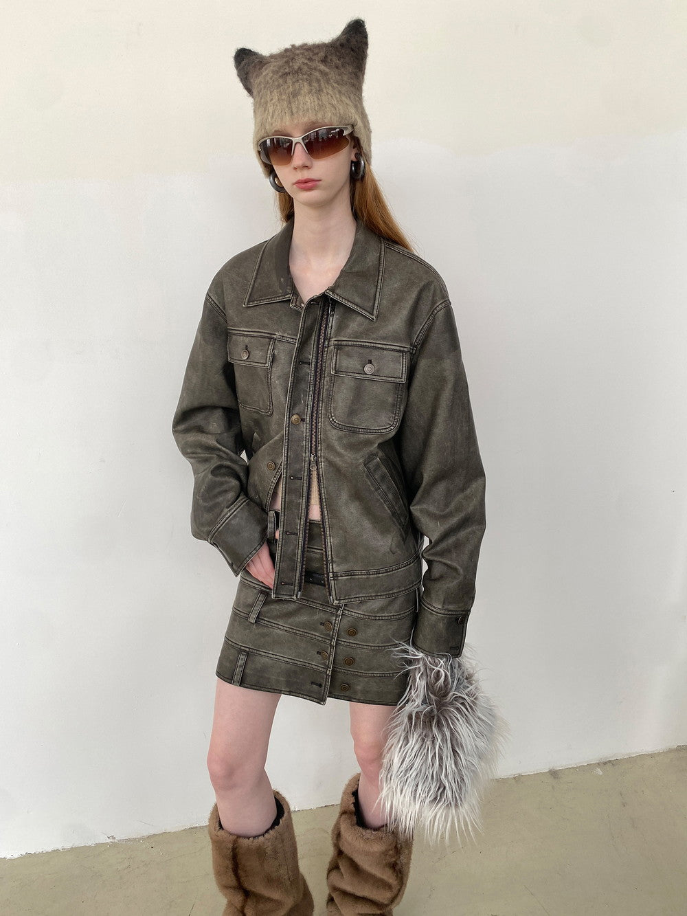 Unisex Vintage Casual Leather Faded Modest Jacket&Skirt