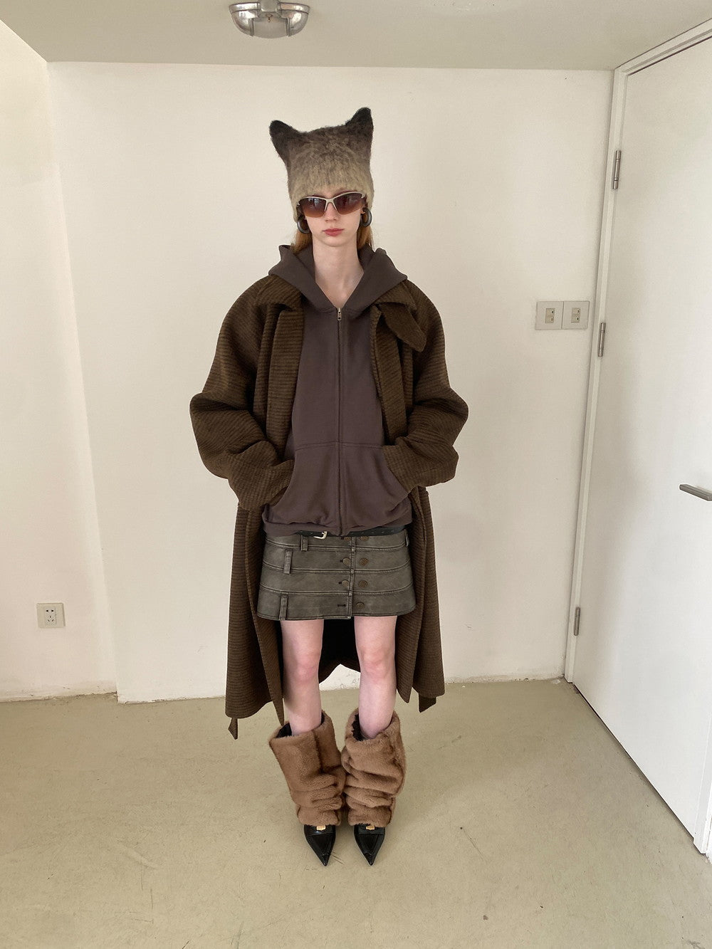 Unisex Vintage Casual Leather Faded Modest Jacket&Skirt
