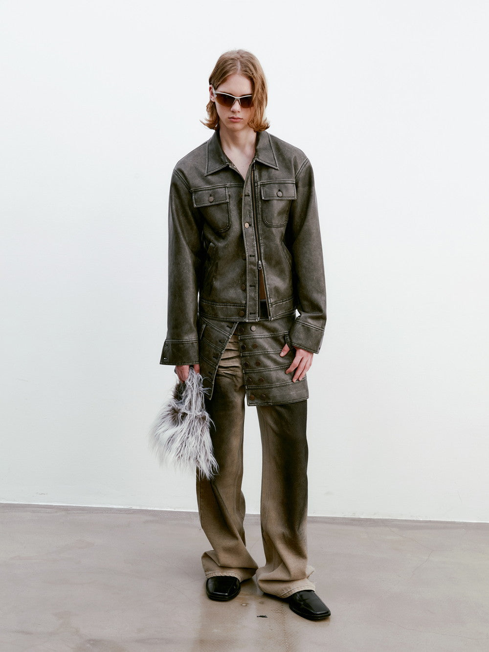 Unisex Vintage Casual Leather Faded Modest Jacket&Skirt