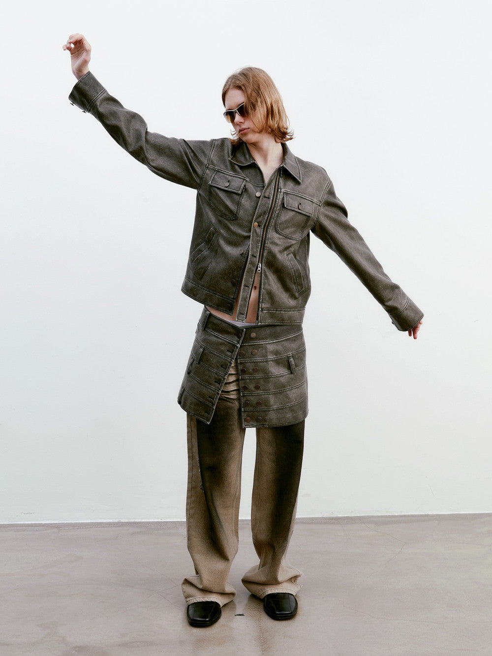 Unisex Vintage Casual Leather Faded Modest Jacket&Skirt