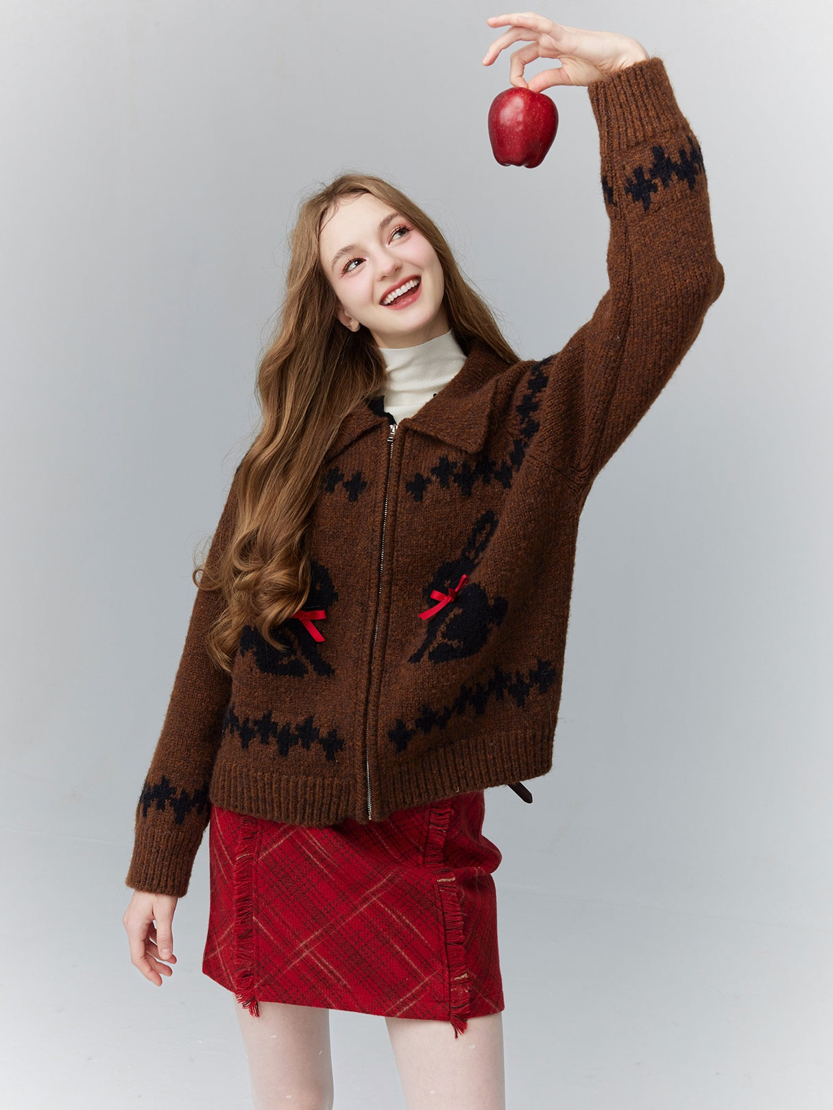 Rabbit Zip Retro Cute Embroidery Winter Knit