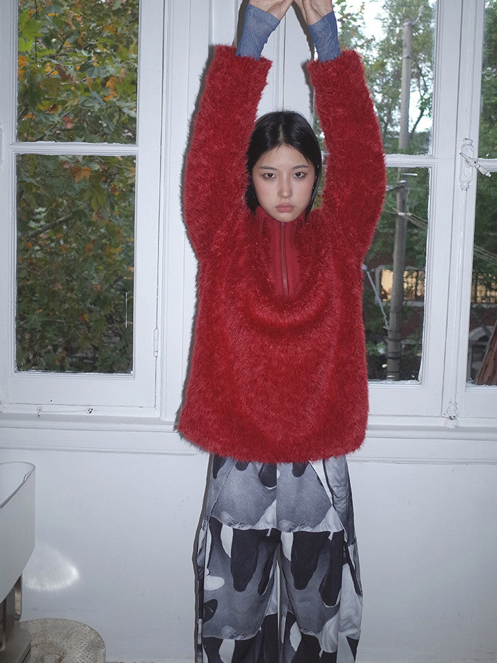 Polo-Neck Fluffily Half-Zip Vivid Loose Mohair-Knit