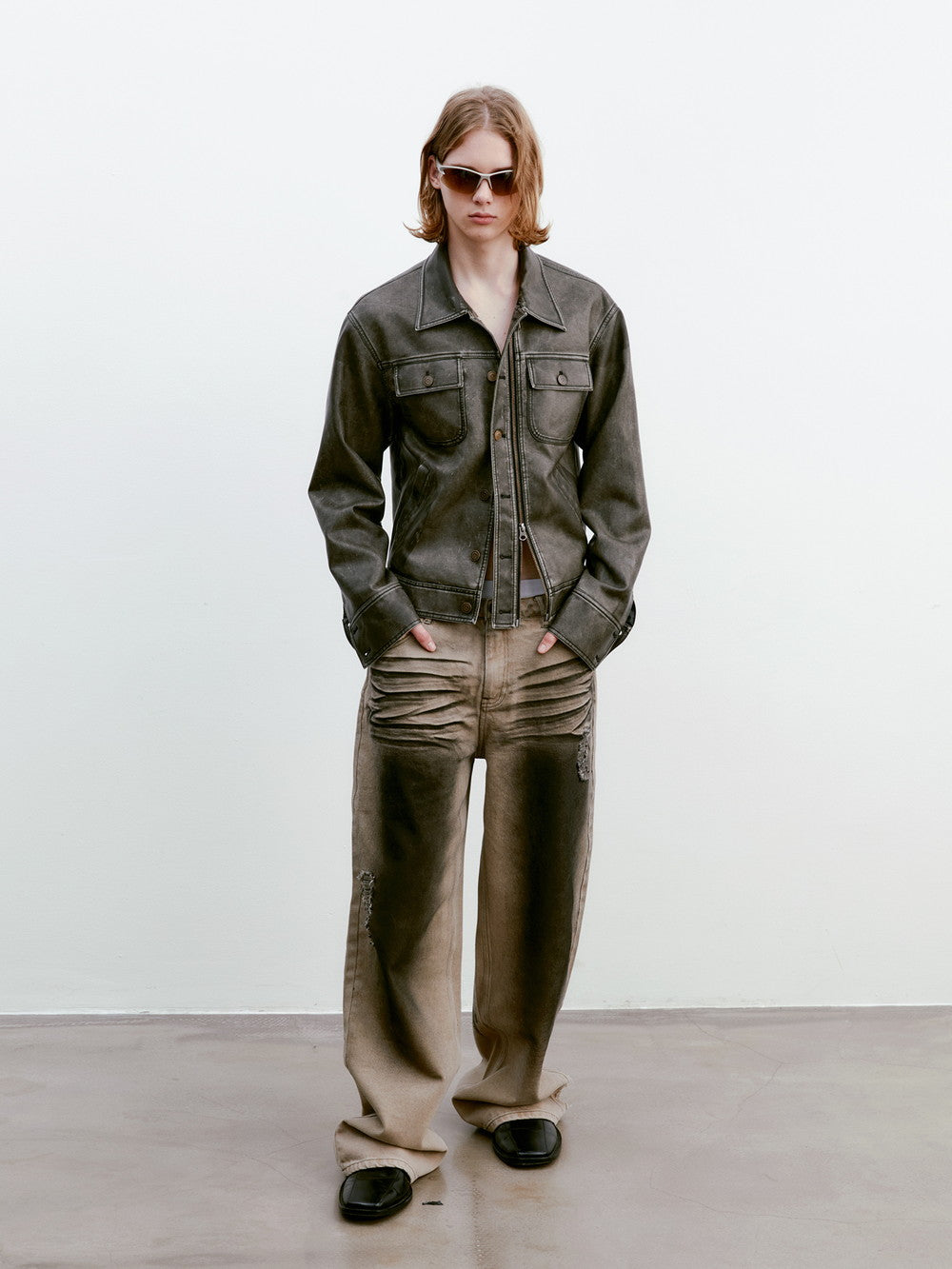 Unisex Vintage Casual Leather Faded Modest Jacket&Skirt