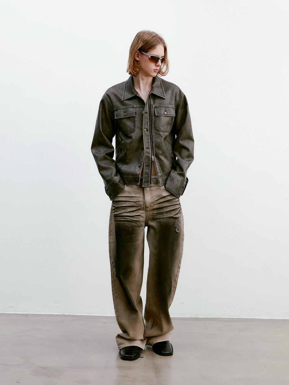 Unisex Vintage Casual Leather Faded Modest Jacket&Skirt