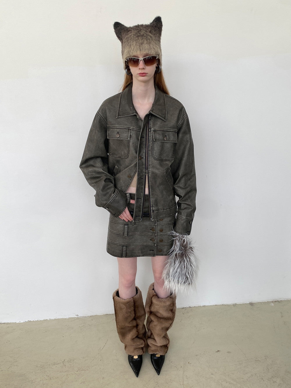 Unisex Vintage Casual Leather Faded Modest Jacket&Skirt