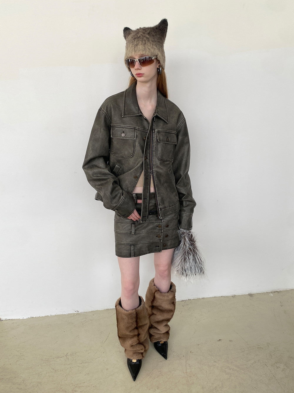 Unisex Vintage Casual Leather Faded Modest Jacket&Skirt