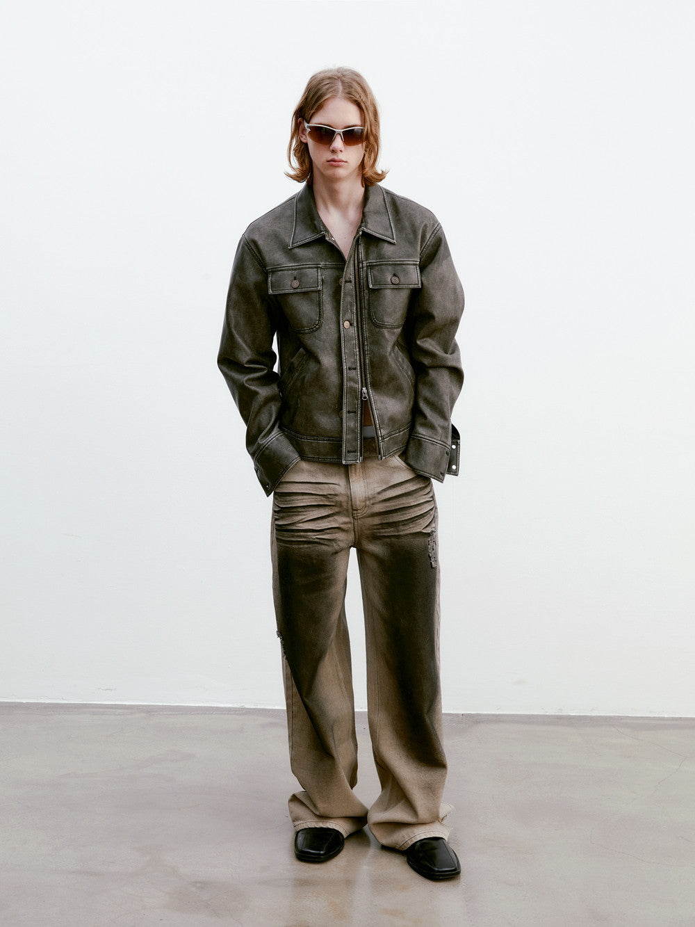 Unisex Vintage Casual Leather Faded Modest Jacket&Skirt