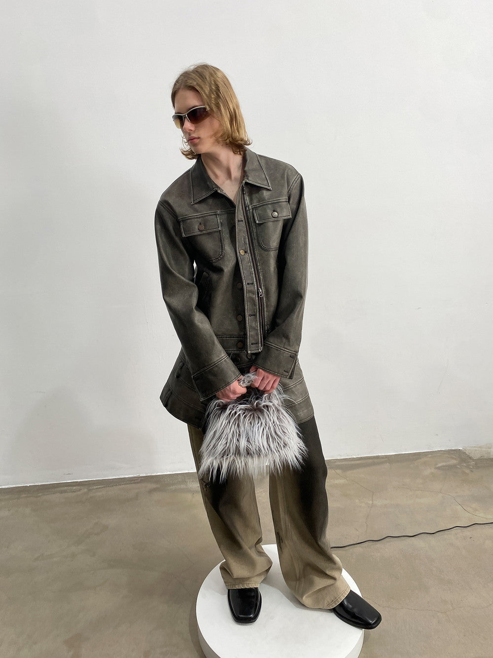 Unisex Vintage Casual Leather Faded Modest Jacket&Skirt