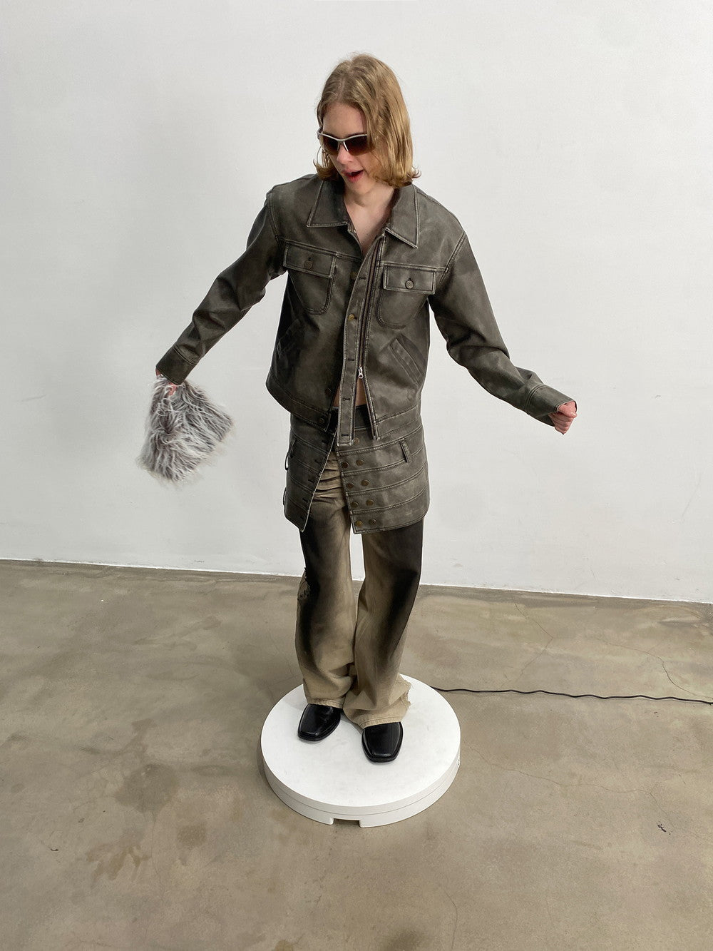 Unisex Vintage Casual Leather Faded Modest Jacket&Skirt