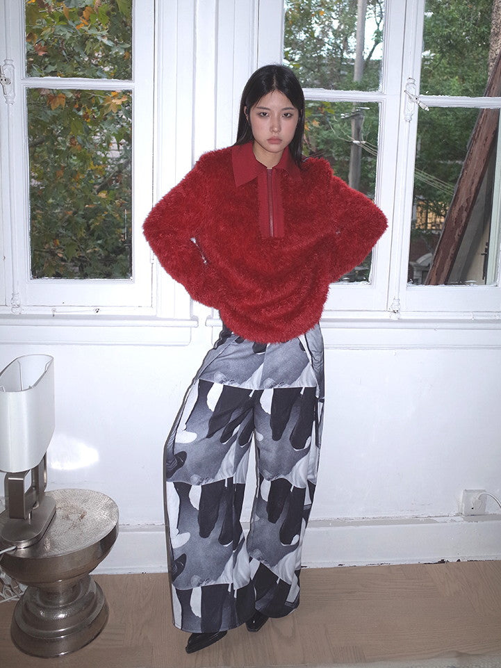 Polo-Neck Fluffily Half-Zip Vivid Loose Mohair-Knit