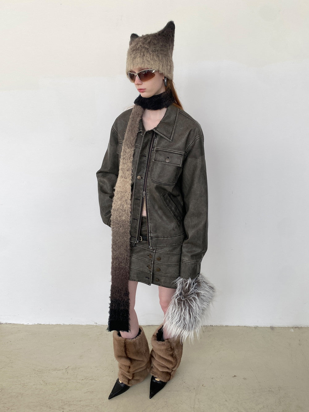 Unisex Vintage Casual Leather Faded Modest Jacket&Skirt