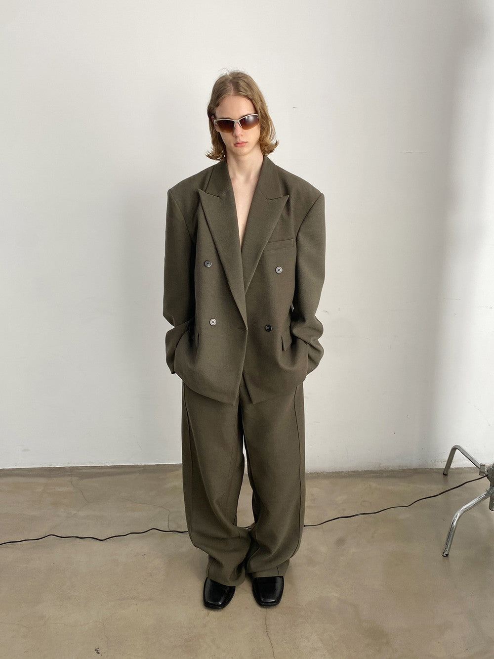 Unisex Jacket&Wide-Pants Loose Wool Suit Semi-Formal Simple Set-Up
