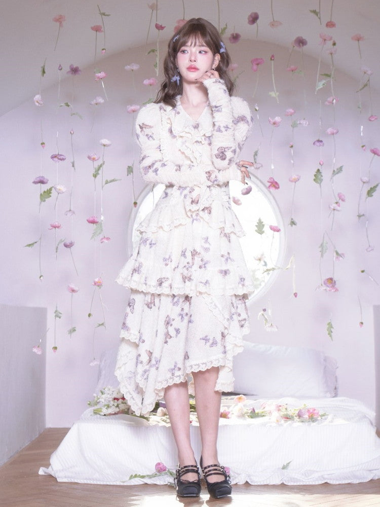 Lace Butterfly Asymmetry Gothic Tiered Long-Skirt