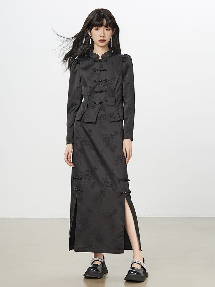 중국 자수 플라워 레트로 블라우스 & 롱 스커트