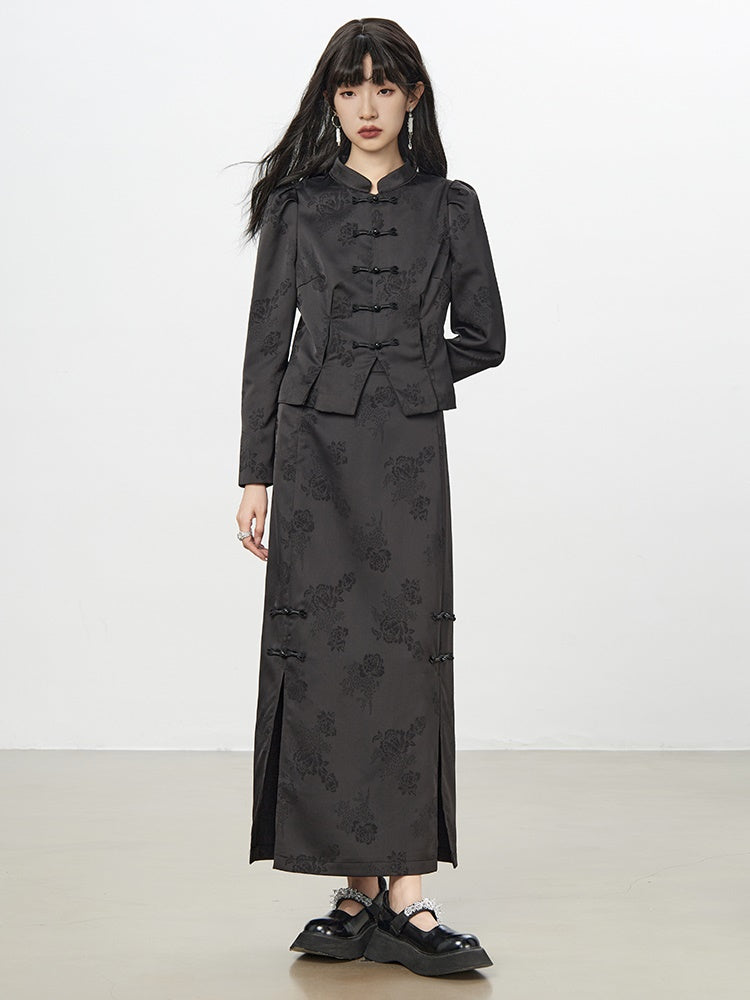 중국 자수 플라워 레트로 블라우스 & 롱 스커트