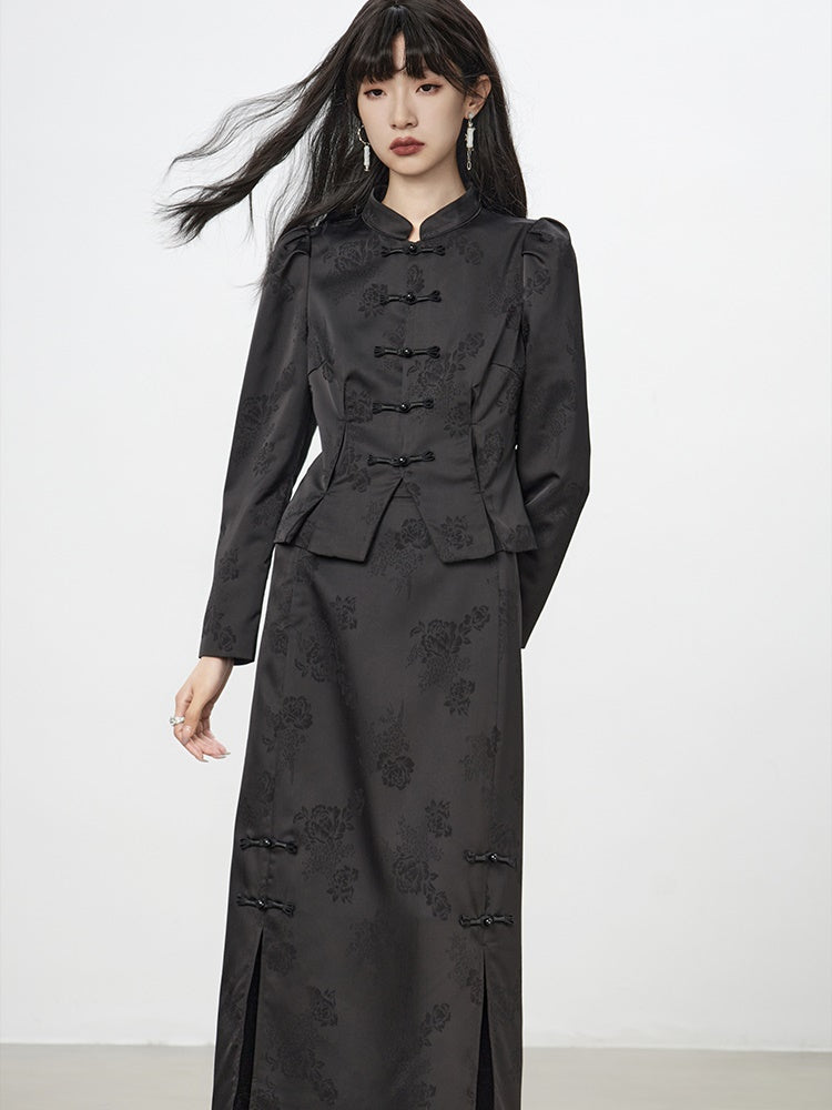 중국 자수 플라워 레트로 블라우스 & 롱 스커트